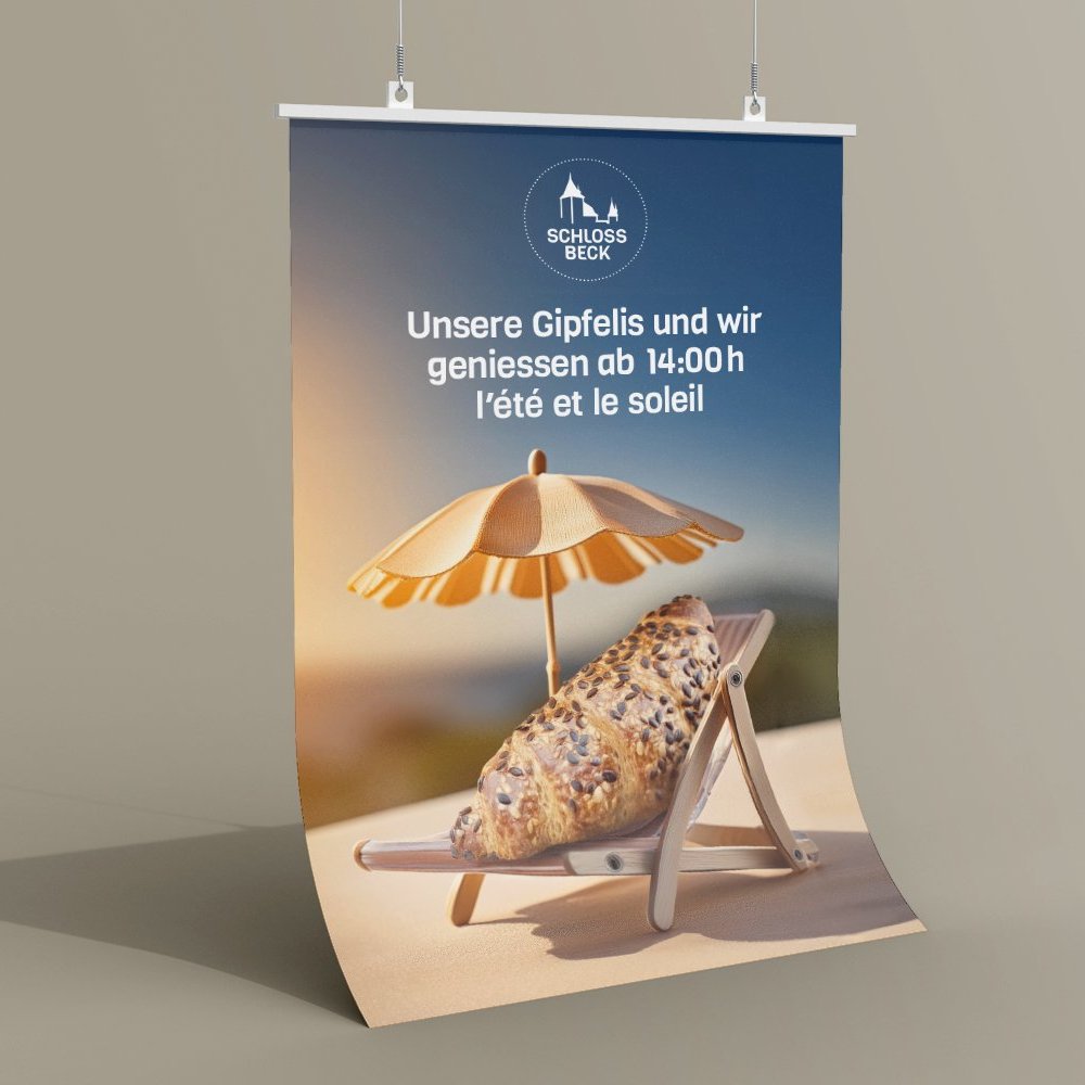 Plakatdesign für Schloss Beck mit Sommeröffnungszeiten und Gipfeli-Motiv