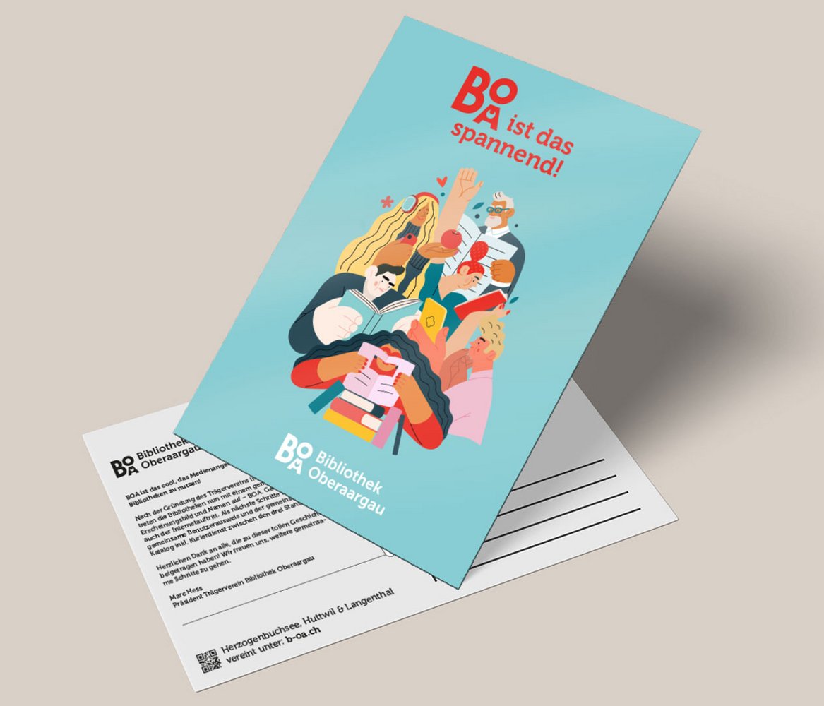 Logo-design und gestaltete Postkarte der Bibliothek Oberaargau mit Illustrationen und Slogan «BOA ist das spannend!» im Corporate Design.