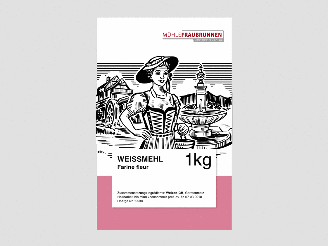 Mehlsack-Design «Weissmehl» der Mühle Fraubrunnen mit Illustration der Mühlefrau, 1 kg, mit Farbbalken in verschiedenen Varianten.