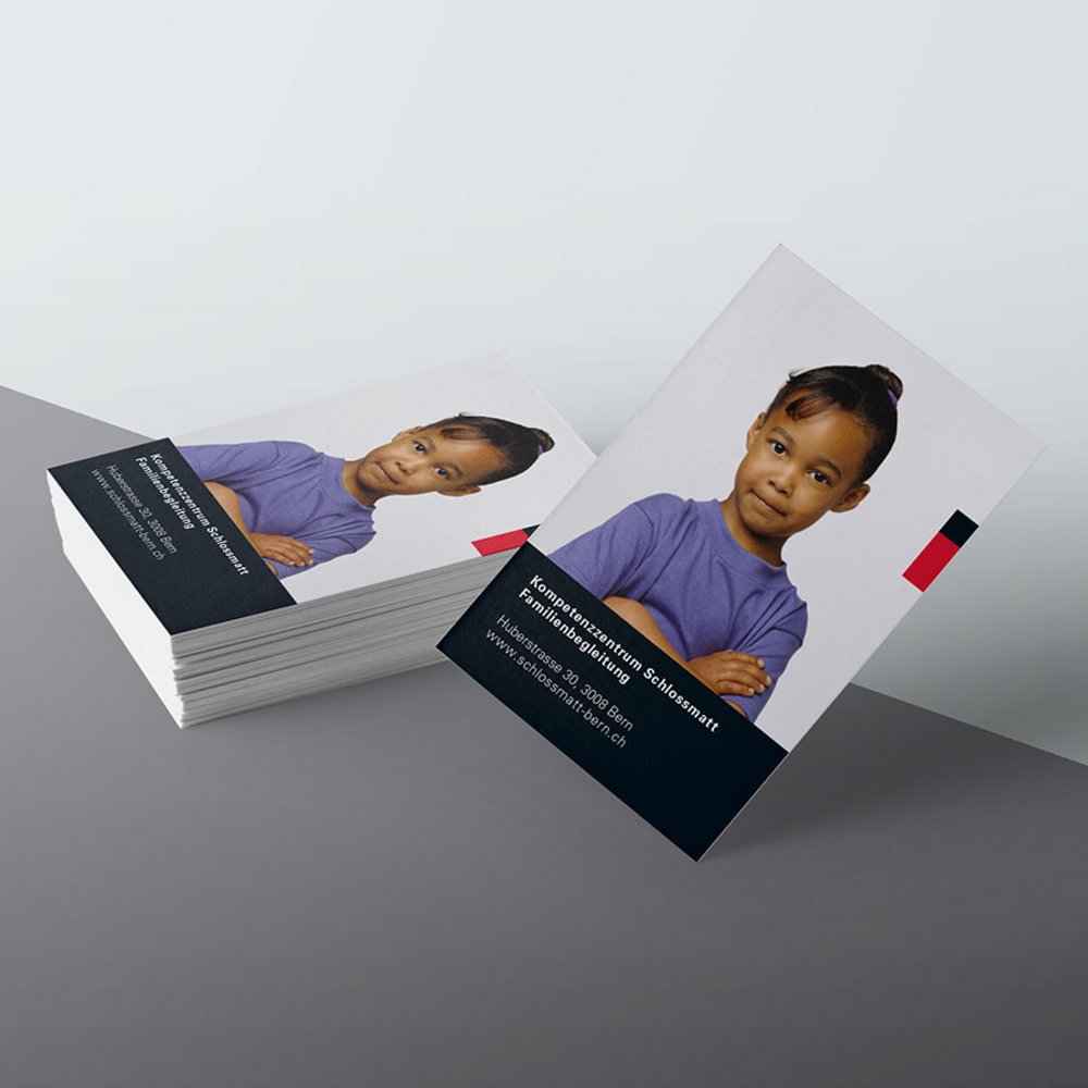 Visitenkarten des Kompetenzzentrums Schlossmatt Bern im Corporate Design nach Manual-Vorgaben der Stadt Bern.