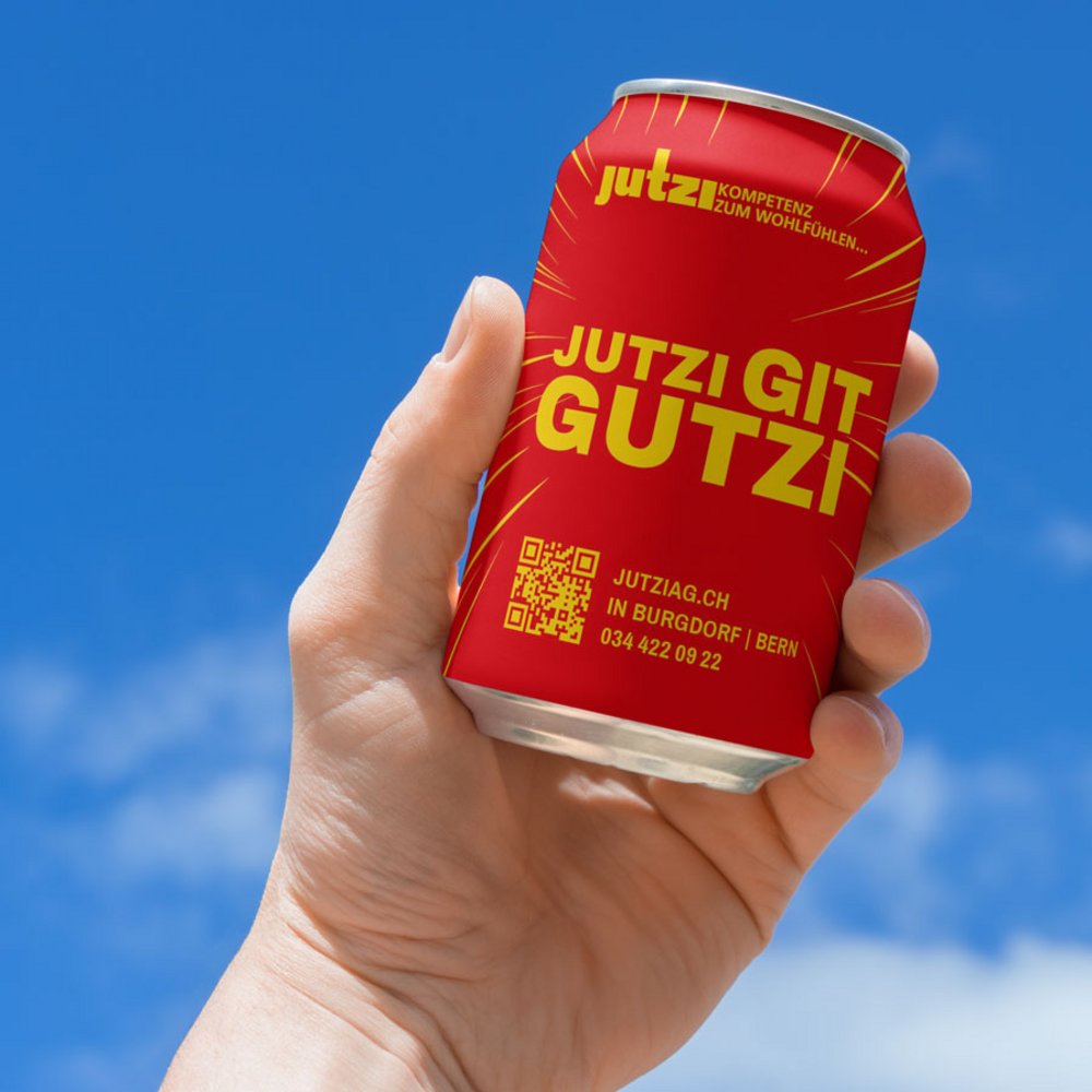 Jutzibier-Dose mit Branding «Jutzi git Gutzi» als Teil der Employer-Branding-Kampagne der Daniel Jutzi AG.