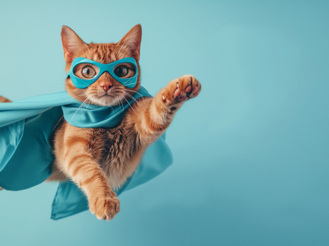 Katze im Superhelden-Outfit symbolisiert Mut und selbstbewusstes Auftreten