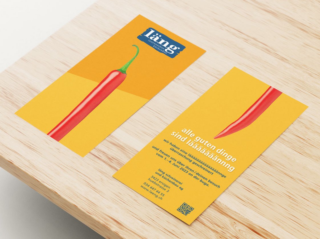 Flyer der Läng Schreinerei AG mit auffälligem Gestaltungskonzept, Chili-Motiv und starkem Markenauftritt