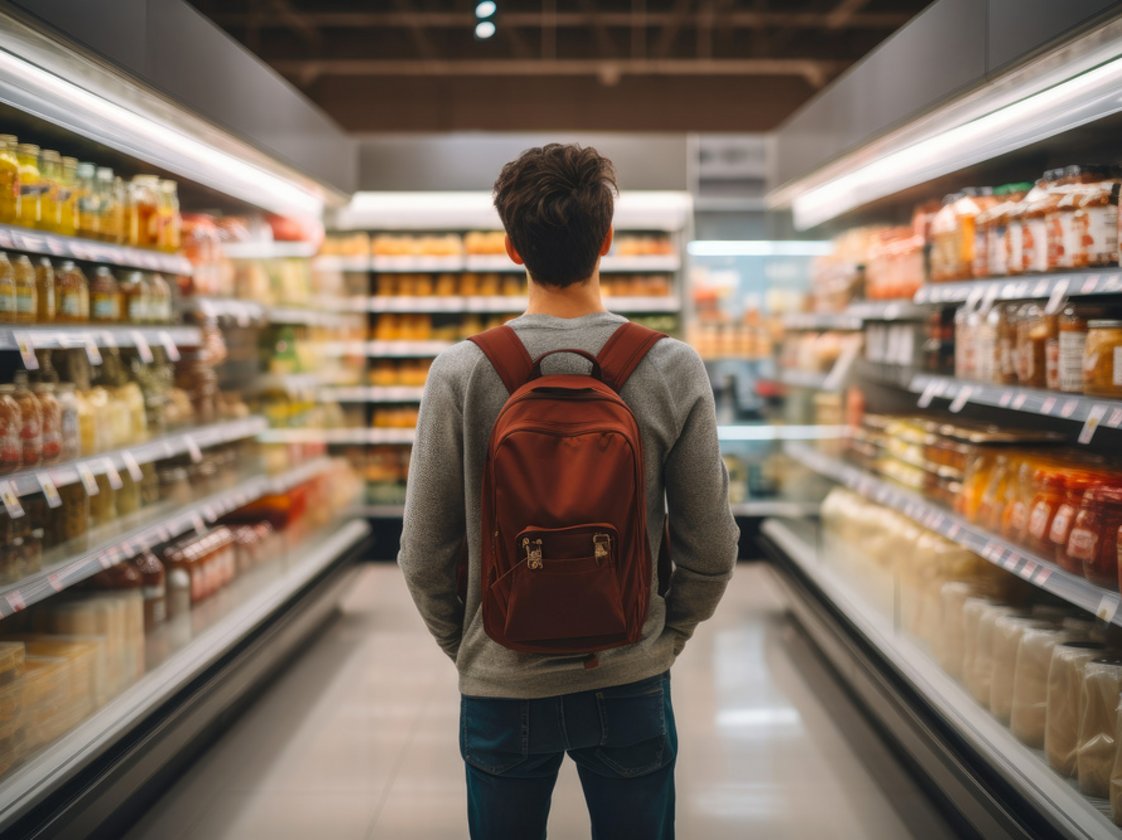 Person steht vor einem grossen Warenregal und wirkt unschlüssig bei der Auswahl als Symbol für Kundenerlebnisweg