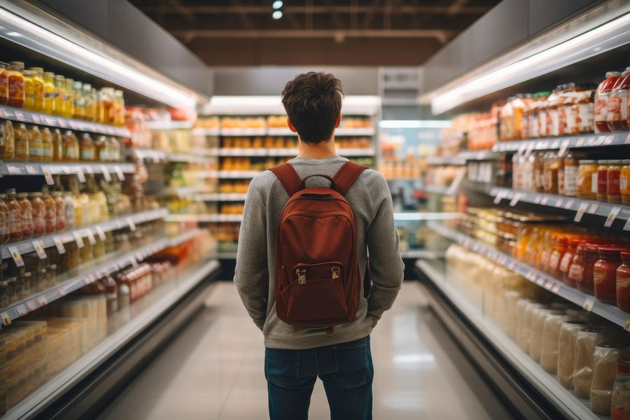 Person steht vor einem grossen Warenregal und wirkt unschlüssig bei der Auswahl als Symbol für Customer Journey und Kundenerlebnis