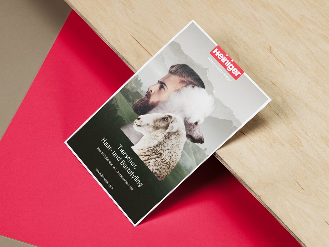 Inserat der Heiniger AG auf rotem Karton, mit Heiniger-Logo und Bildmotiv als Teil der Image-Bildwelt.