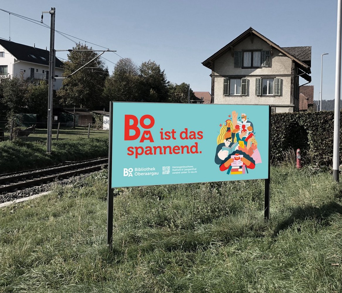 Gestaltetes Plakat der Bibliothek Oberaargau mit Illustration im Corporate Design.