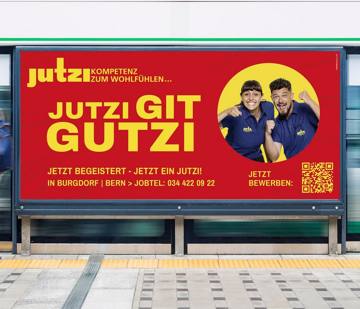 F12-Plakatkampagne der Daniel Jutzi AG mit Claim «Jutzi git Gutzi» und Hinweis zum Bewerben per QR-Code.