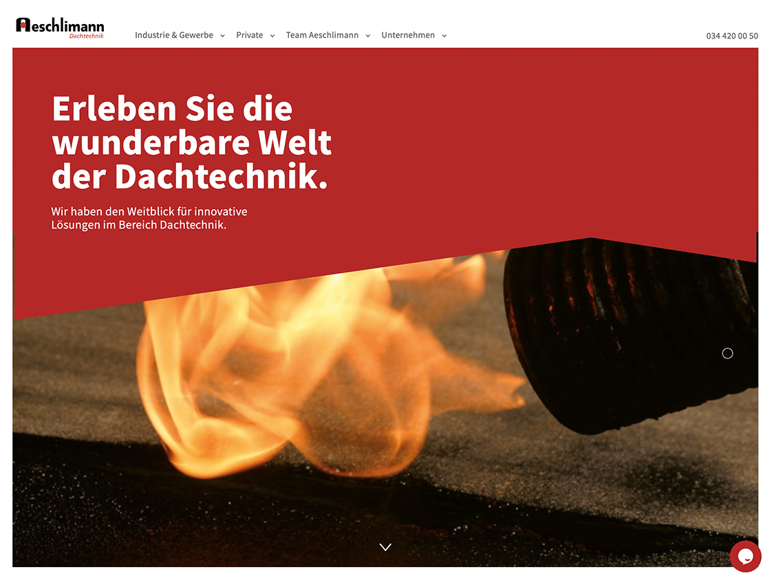Headerbild des Webauftritts Aeschlimann Dachtechnik mit Text «Erleben Sie die wunderbare Welt der Dachtechnik».