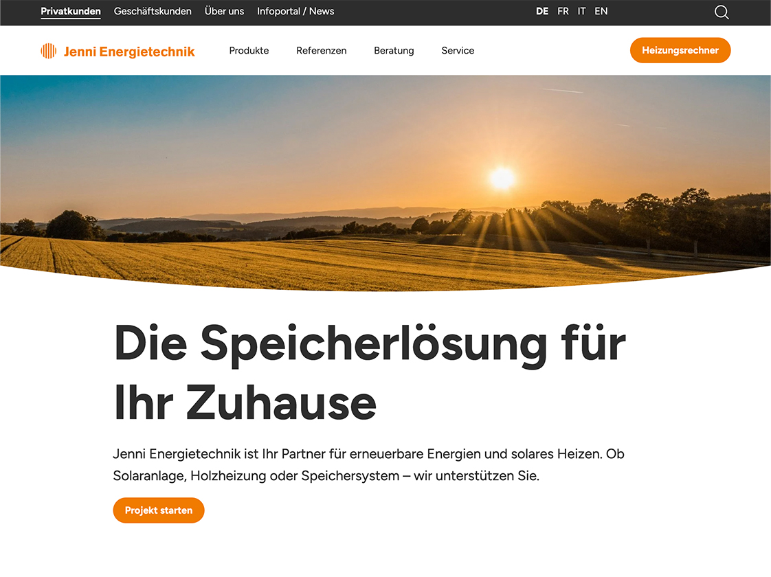 Ansicht der FantasticWeb Pro Webseite von Jenni Energietechnik mit Speicherlösung für Zuhause, Solartechnik und erneuerbaren Energien.