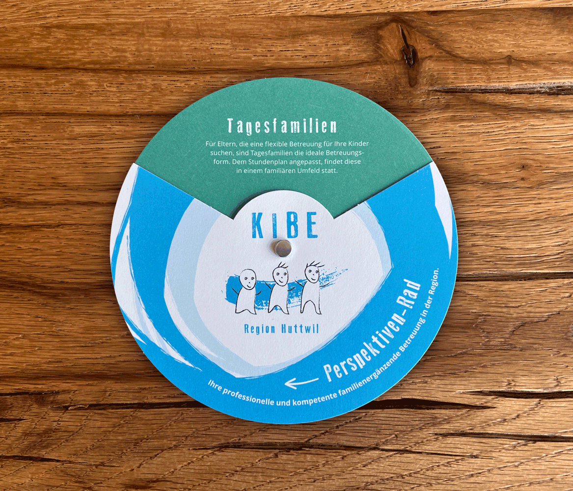 Perspektivenrad der KIBE Region Huttwil, Beispiel Tagesfamilien, als rundes Informationsmittel.