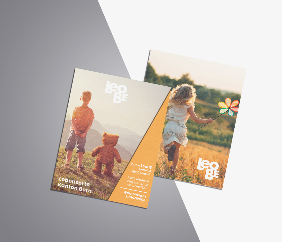 Leporello von LeoBE «Lebensorte Kanton Bern» im neuen Corporate Design mit Foto-Motiv und Logo.